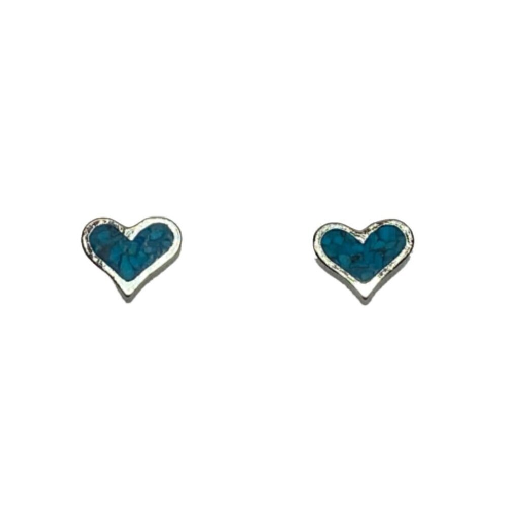 Vintage‎ Turquiose Heart Coral Inlay Silver Earrings 1/4" Hearts Post Stud EUC